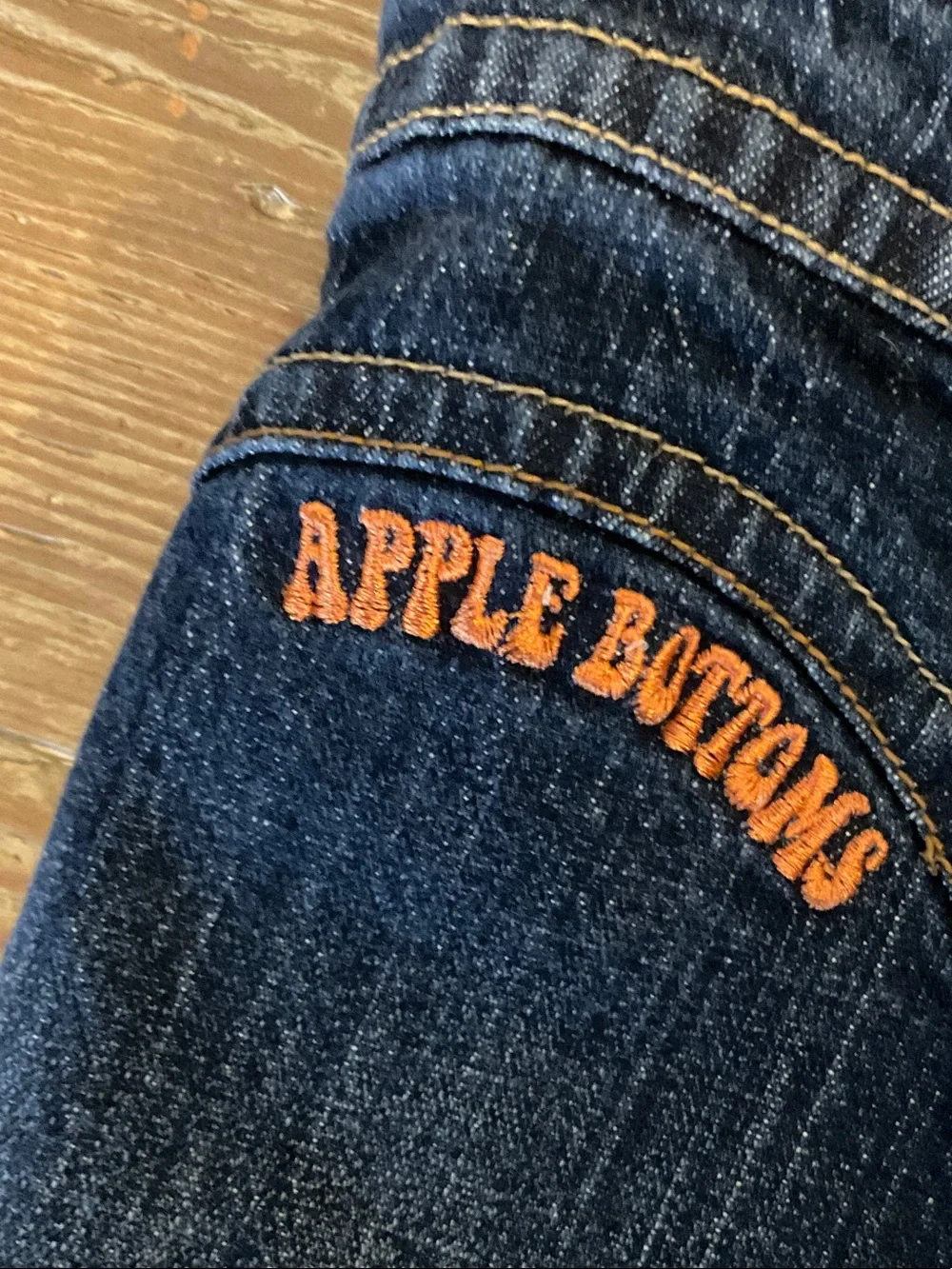 Y2K Apple Bottoms Dark Blue Denim Overall Skirt with Orange Embroidery